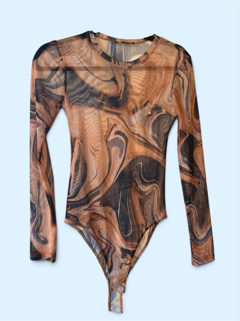 Zara Brown and Black Marble-Print Long-Sleeve Swim Bodysuit